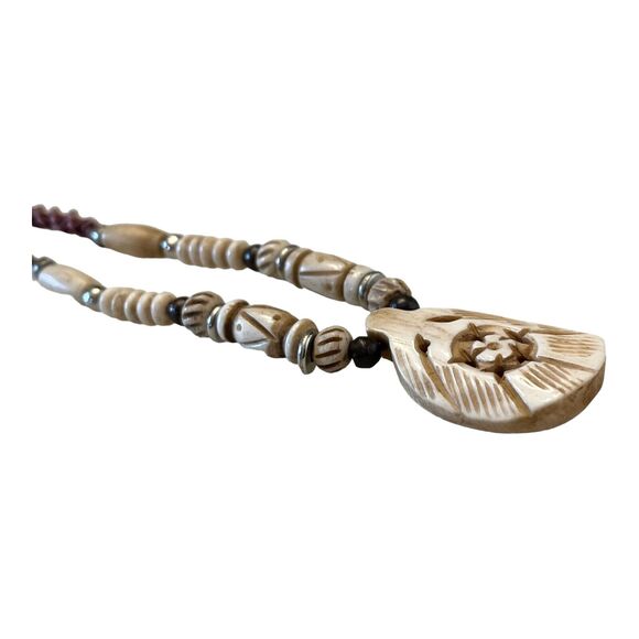 VTG Hand Carved NECKLACE & Floral PENDANT Beaded, Woven Brown White Silver 16" - Picture 2 of 6